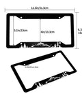 Two Pack Universal Car License Plate Frames With Screws For US Plates Twelve Point Three By Six Point Three Inches Aluminum Weatherproof Durable Plate Holder Decor For Women And Men showing black frame with mountain design.