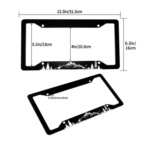 Two Pack Universal Car License Plate Frames With Screws For US Plates Twelve Point Three By Six Point Three Inches Aluminum Weatherproof Durable Plate Holder Decor For Women And Men showing black frame with mountain design.