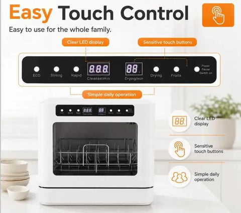 Top Notch No Sweat Countertop Mini Dishwasher With 800 Watt Motor And Six Point Eight Liter Tank Featuring 360 Degree Splash Spray four wash cycles and seventy two hour fresh keep storage for quick daily cleanup control panel with LED display and touch buttons.