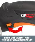 Black and orange Zip Snip Cordless Electric Scissors with lock-out switch and trigger for safety.