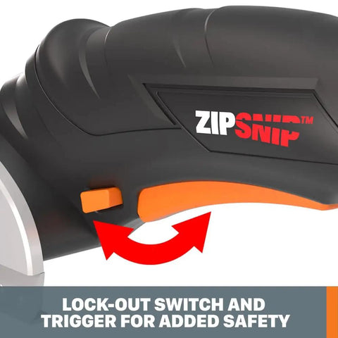 Black and orange Zip Snip Cordless Electric Scissors with lock-out switch and trigger for safety.