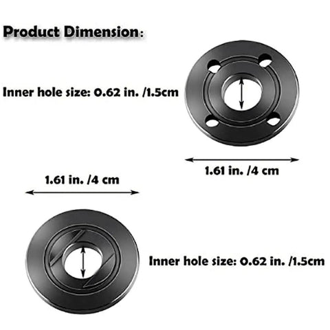 Heavy Duty Angle Grinder Flange Replacement Set With 5/8-11 Thread Nuts and Backing Plates showing dimensions and inner hole sizes.