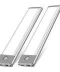 Slim USB Rechargeable 30 LED Under Cabinet Lights 2 Pack Motion Activated Night Lights For Kitchen Cupboard And Closet No Fuss Easy Install Wireless Magnetic Mount Battery Operated Backup Modern Aluminum Design, close-up view of 2 aluminum lights with motion sensor.