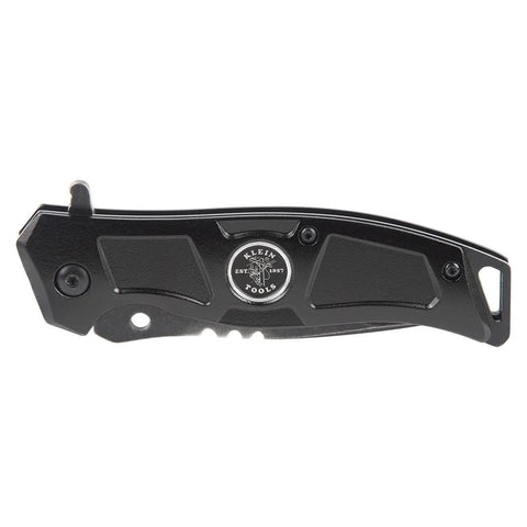 Klein Tools folding pocket knife with black handle, stainless blade, bearing-assist flipper and belt clip