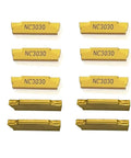 Set of ten NC3030 carbide inserts aligned in rows, compatible with Heavy Duty Lathe Grooving Tool Holder Set for steel applications.
