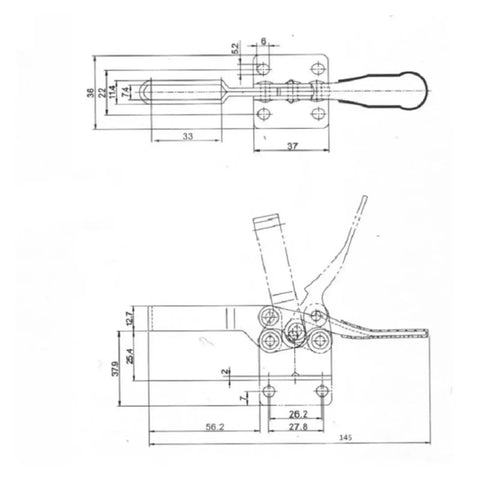 Technical drawing of a Heavy Duty Woodworking Toggle Clamp For Workbench With Quick Release, GH-201B Compatible Mounting