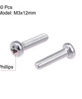 M3x12mm Pan Head Machine Screws With Phillips Cross Drive In Top Shelf 304 Stainless Steel for secure fastening, set of 30 pieces.