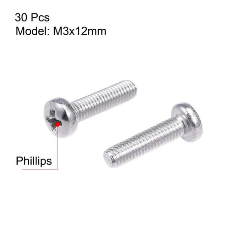 M3x12mm Pan Head Machine Screws With Phillips Cross Drive In Top Shelf 304 Stainless Steel for secure fastening, set of 30 pieces.