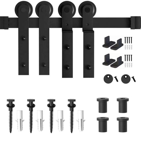 Bypass Sliding Barn Door Hardware Track With Bent Hanger System, anti jump rollers, black finish, installation parts for wood/concrete walls