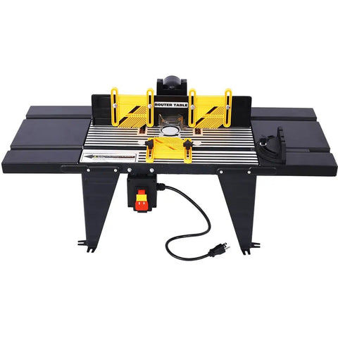 Heavy Duty Aluminum Benchtop Router Table With Reinforced Steel Extensions And Adjustable Miter Gauge Plus Built In Retractable Safety Guard For Rock Solid Cutting Performance In Bright Orange, front view with clamps and control switch.