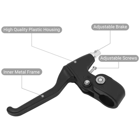 22mm Bicycle Brake Levers Set Pair For Mountain Road BMX Kids And Fixed Gear Bikes Lightweight Durable Ride Ready Replacement Parts In Black For 22mm Handlebars with adjustable brake and screws, high quality plastic housing, inner metal frame visible.