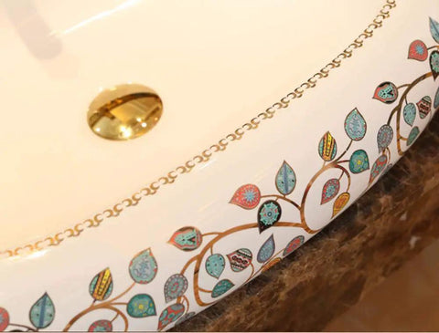 Detail of Damn Fine Hand Painted Oval Countertop Washbasin With A Truly Knockout Leaf Pattern Heavy Duty Ceramic Bathroom Sink.