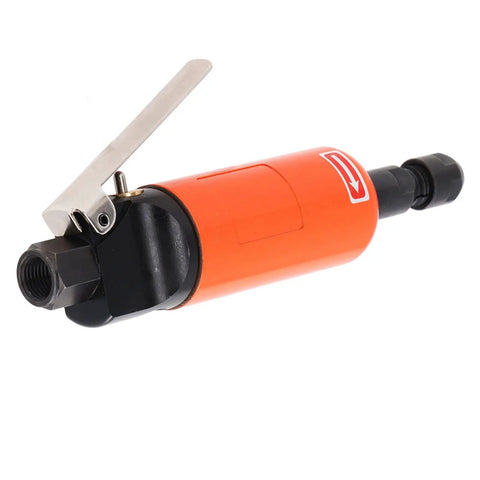 Lightweight Pneumatic Straight Die Grinder Compact Air Powered Tool Delivers Knockout Torque With Smooth Spin Balance And Grippy Comfort For Serious Metalworking Jobs, orange steel housing with lever.