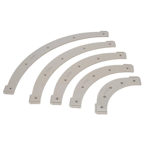NoFuss Router Radius Template Kit With Five Essential Jigs Spanning R100 Through R300 for precise edge shaping in woodworking.