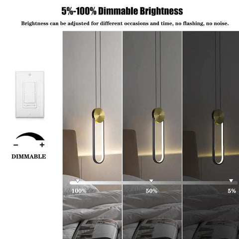 Black And Gold LED Pendant Light With Minimalist Oval Design 10W Warm White Single Hanging Fixture demonstrating dimmable feature.