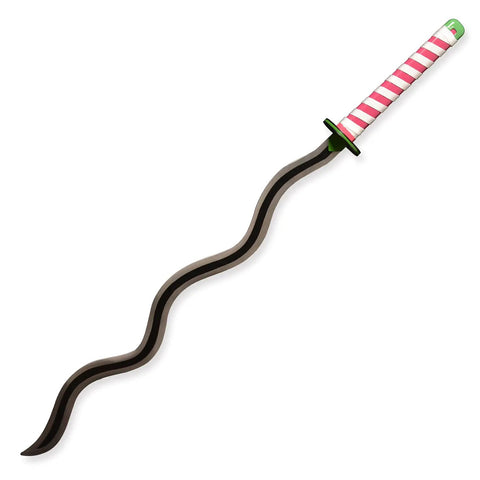Cosplay Ready Iguro Obanai Demon Slayer Katana Sword Handcrafted Stainless Steel Prop With Wax Rope Wrapped Handle, wavy blade view.