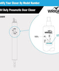 Diagram of a light duty pneumatic door closer model V820AWH by Wright Products with adjustable features.