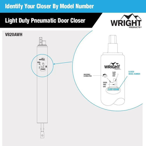 Diagram of a light duty pneumatic door closer model V820AWH by Wright Products with adjustable features.