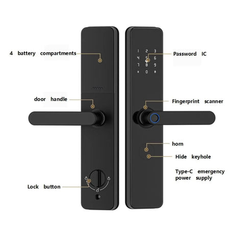 Keyless Entry Smart Lock With Slick Touchscreen Handle And Fingerprint Door Lock Electronic Deadbolt For Front Doors showing features like fingerprint scanner and password IC.