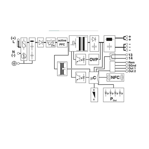 Schematic diagram of Heavy Duty Industrial Power Supply Rock Solid 24 Volt DC 20 Amp Din Rail Mount with control features.