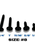 Five sizes of #8 black phosphate Phillips screws for classic GM car interior repairs, ideal for dashboard and trim use.