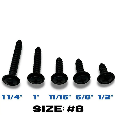 Five sizes of #8 black phosphate Phillips screws for classic GM car interior repairs, ideal for dashboard and trim use.