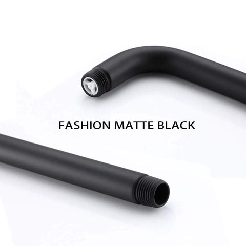 Matte black shower extension arm with threaded ends, showcasing 90-degree long pipe design and sleek finish.