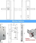 Diagram of No Sweat Smart Door Lock With Legit Hella Secure Biometric Fingerprint Access and detailed mortise options and dimensions.