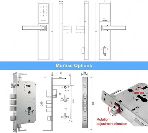 Diagram of No Sweat Smart Door Lock With Legit Hella Secure Biometric Fingerprint Access and detailed mortise options and dimensions.