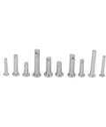 12 Sizes 304 Stainless Steel Flat Head Clevis Pins Assortment Kit With Single Hole Pins, T Shape Round Pin Links, arranged in row