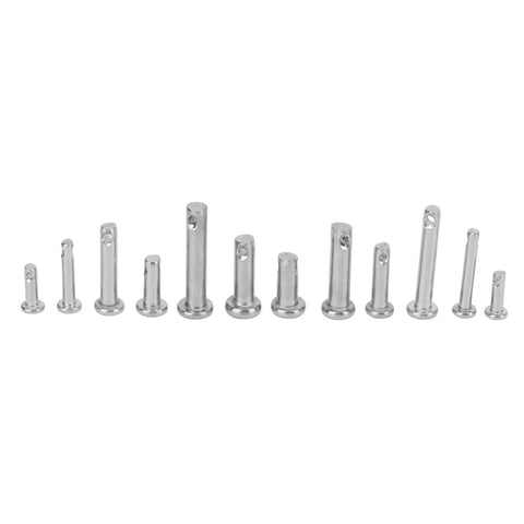 12 Sizes 304 Stainless Steel Flat Head Clevis Pins Assortment Kit With Single Hole Pins, T Shape Round Pin Links, arranged in row