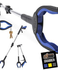 Gorilla Grip reacher/grabber with blue rubber-lined claw and ergonomic handle, front view