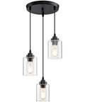 Three Light Pendant Lighting Fixture For Kitchen Island And Dining Area With Adjustable Cords And Glass Shades In Black Finish