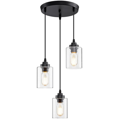 Three Light Pendant Lighting Fixture For Kitchen Island And Dining Area With Adjustable Cords And Glass Shades In Black Finish