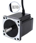 Front view of NEMA 34 stepper motor with silver mounting flange, black housing, and exposed shaft.