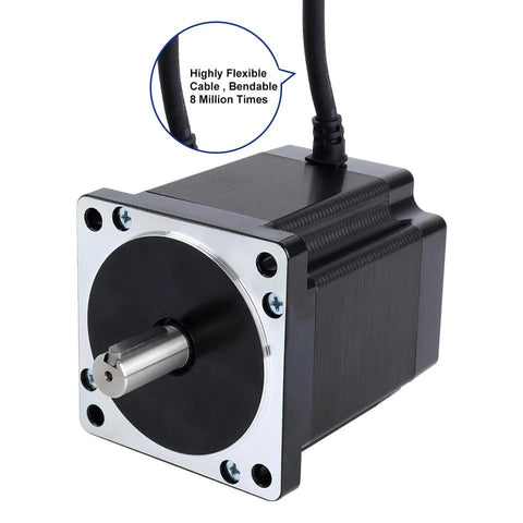 Front view of NEMA 34 stepper motor with silver mounting flange, black housing, and exposed shaft.