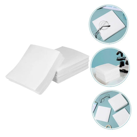 Heavy Duty 600 Count Dustless Lab Wipes For Camera Lenses And Precision Gear Oil Absorbent Cleanroom Cleaning Pads stacked on a light blue background.