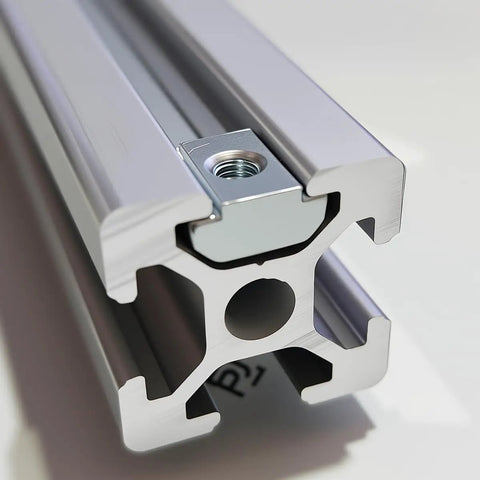 Beefy M5 T Nut Set For 6mm T-Slot Aluminum Extrusion installed in profile, carbon steel, precise threads, heavy duty for framing