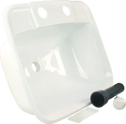 Molded Lavatory Sink White For RV And Camper Bathrooms With 6 Inch Tall Profile, 14.9 Inch Wide By 12.3 Inch Deep, Includes 6 Inch Tail Flange, ABS Glue, 4 Inch Rubber Stopper, Mounting Clips And Screws