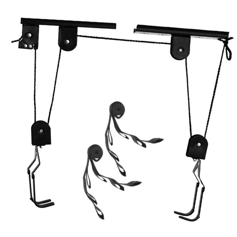 Heavy Duty Ceiling Hoist Pulley System With 60kg Capacity Overhead Bike Rack And Kayak Hanger, steel parts, and ropes visible