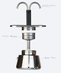 Rock Solid Stainless Steel Stovetop Espresso Maker With Dual Spout Brewing Delivers Fresh Coffee Directly Into Two Cups Simultaneously features detailed view of components including coffee spout, filter basket and water tank.