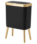 Slim Black Trash Can With Lid And Gold Edge, Modern Narrow Trash Bin On Legs, 4 Gallon Plastic, Space Saving Design