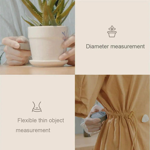 Rechargeable Digital Tape Measure For Long Distance Measuring, Handy Tool For Flat, Curved, And Odd Shapes, shown measuring objects