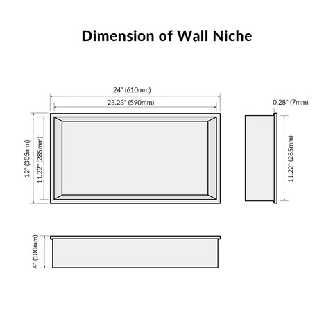 Dimensions diagram of Stainless Steel Shower Niche Recessed Bathroom Storage No Tiling Required 24x12 Inch Brushed Finish Waterproof