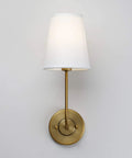 Set Of 2 Dope Hardwired Wall Sconces With White Fabric Shade Vintage Mid Century Brass Finish Antique Brass Look Perfect For Bedroom Living Room Bathroom Kitchen Cozy Ambient Lighting Vibe, shown in single sconce view