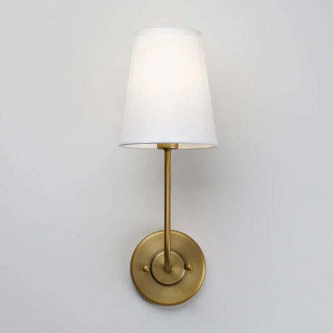 Set Of 2 Dope Hardwired Wall Sconces With White Fabric Shade Vintage Mid Century Brass Finish Antique Brass Look Perfect For Bedroom Living Room Bathroom Kitchen Cozy Ambient Lighting Vibe, shown in single sconce view