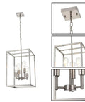 Brushed Nickel 4 Light Chandelier For Foyer And Dining Room Industrial Lantern Pendant Light With Metal Square Ceiling Hanging Design Dope Modern Vibe
