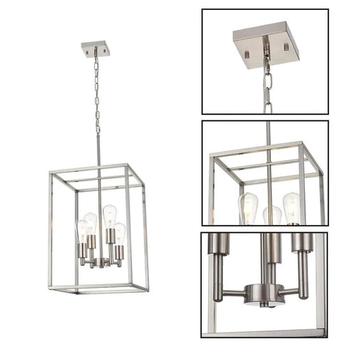 Brushed Nickel 4 Light Chandelier For Foyer And Dining Room Industrial Lantern Pendant Light With Metal Square Ceiling Hanging Design Dope Modern Vibe