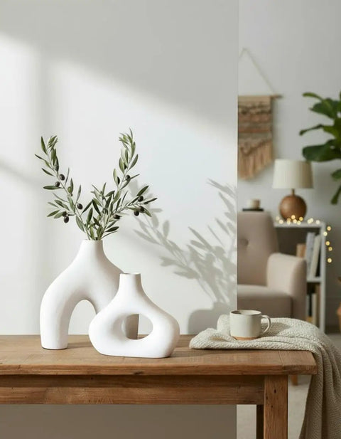Donut Vase Set Of 2 White Ceramic Vases Large Nordic Minimalist Hollow Centerpieces on wood table with olive plant display