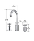 Prima 3 Bathroom Sink Faucet With 3-Hole Installation, Chrome Finish, Solid Brass Construction, measured dimensions view.